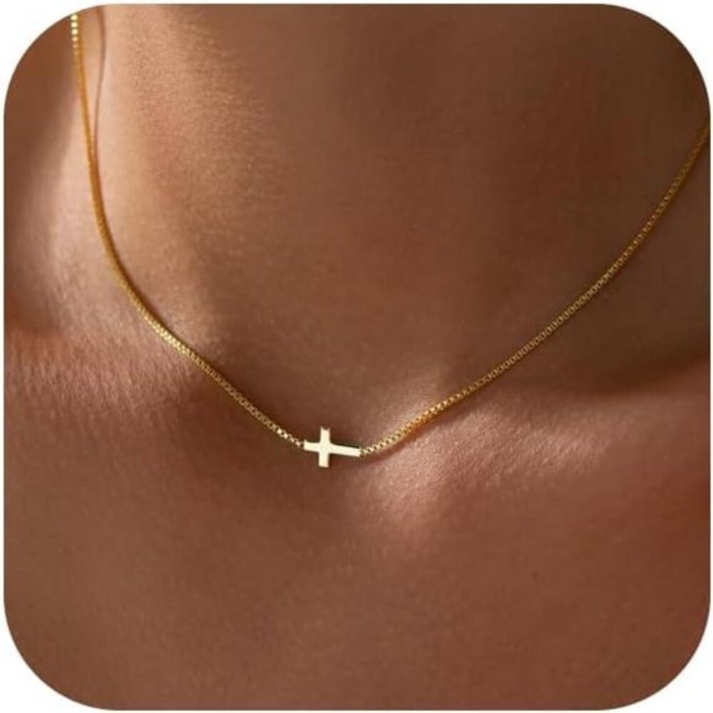 14K Real Gold Plated Dainty Small Cross Pendant Choker Cute Cross Charm Chain - Picture 5 of 5